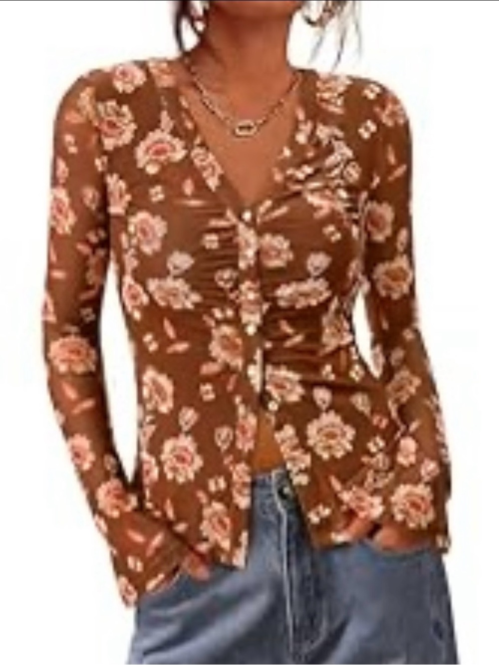Boho Retro V Neck Mesh Ruched Bell Sleeve Button Up Womens Small Floral Top